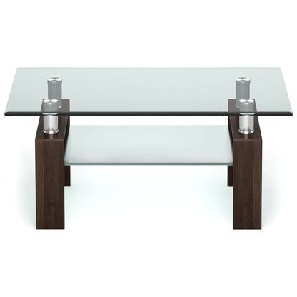 Rectangle Glass Coffee Table with Metal Legs for Living Room-Brown