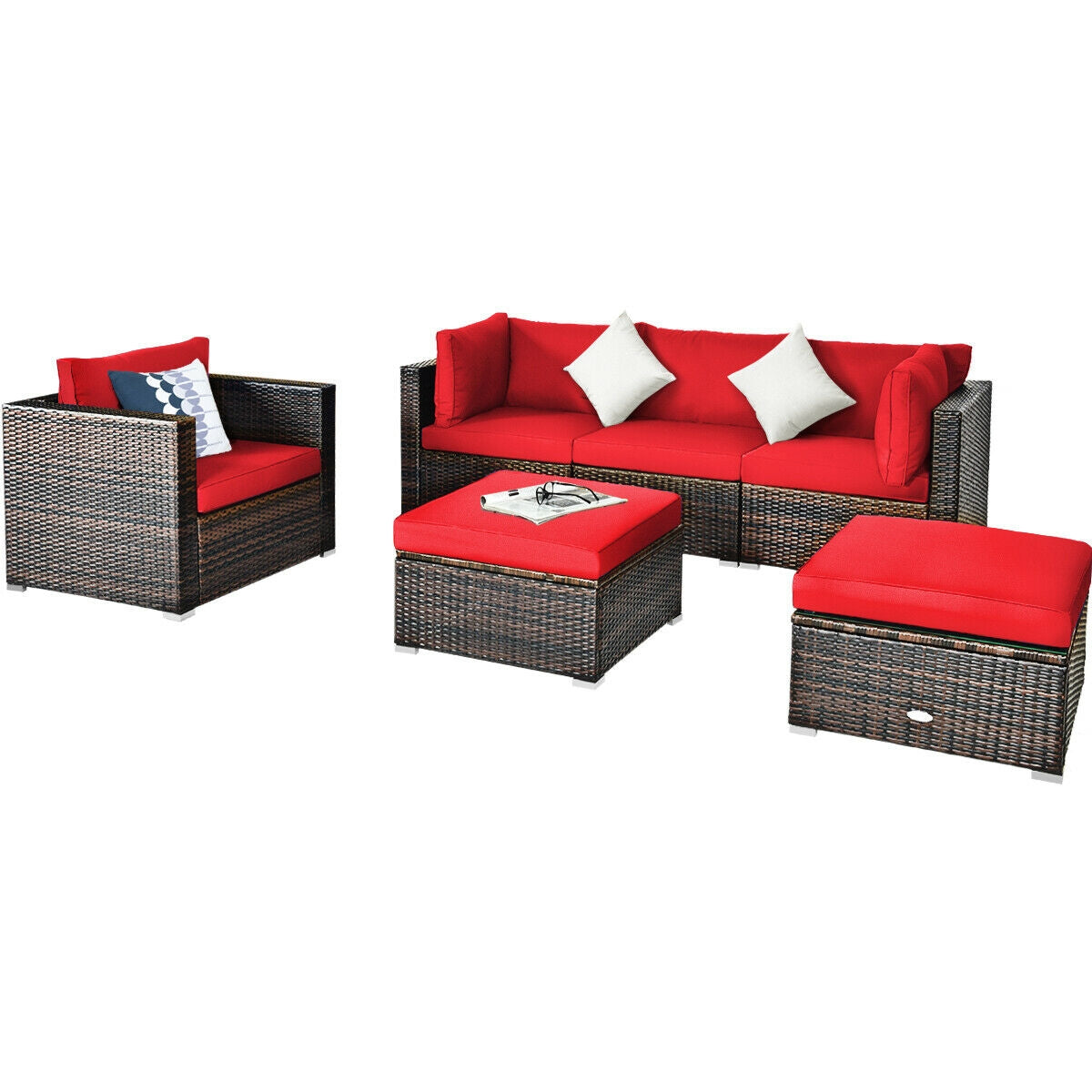 6 Pcs Patio Rattan Furniture Set with Sectional Cushion-Turquoise - Red