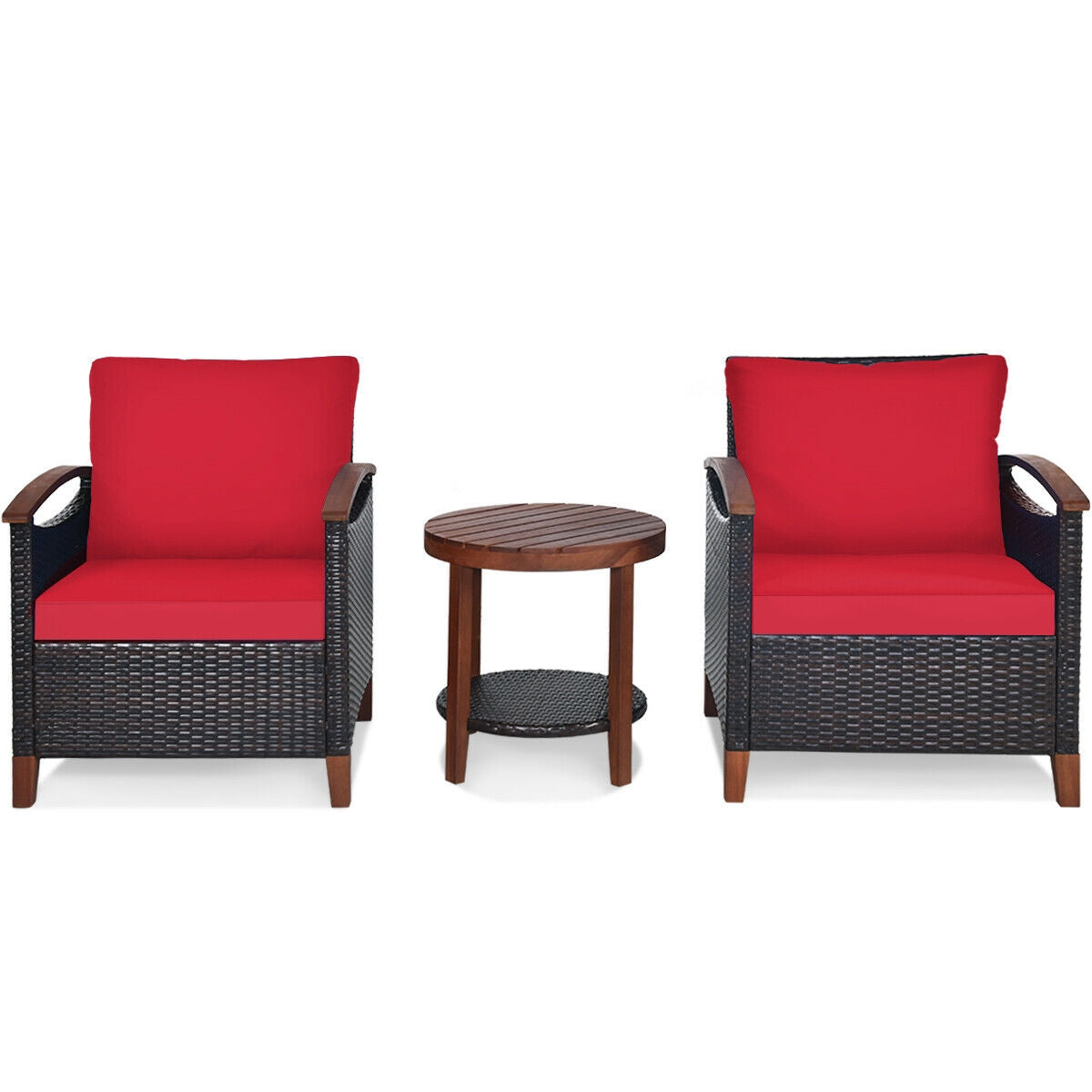 3 Pieces Patio Rattan Furniture Set with Washable Cushion and Acacia Wood Tabletop-Red - Red