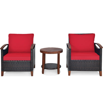 3 Pieces Patio Rattan Furniture Set with Washable Cushion and Acacia Wood Tabletop-Red - Red