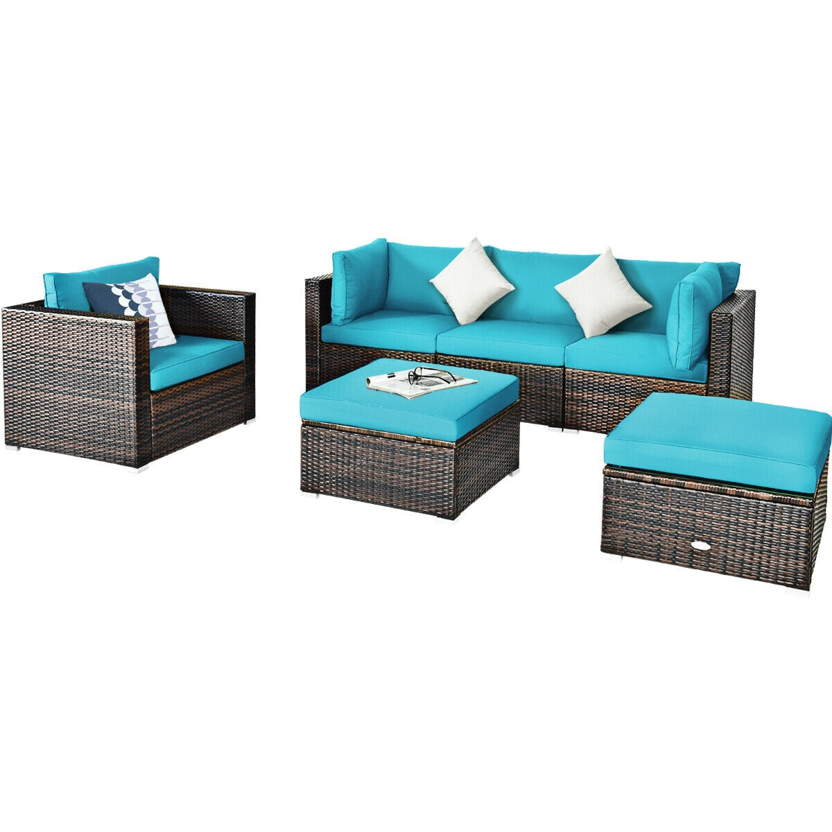 6 Pcs Patio Rattan Furniture Set with Sectional Cushion-Turquoise - Turquoise