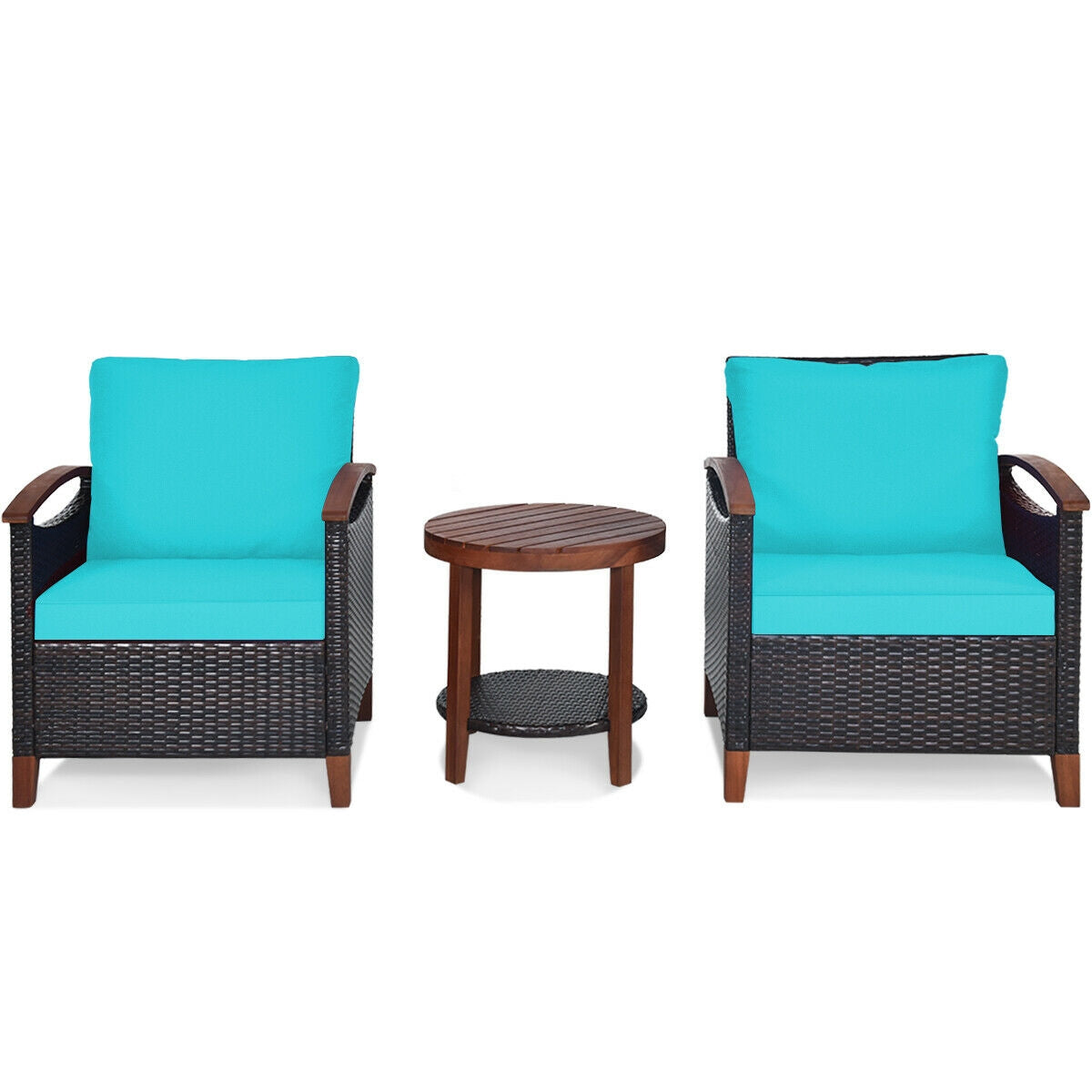 3 Pieces Patio Rattan Furniture Set with Washable Cushion and Acacia Wood Tabletop-Red - Turquoise