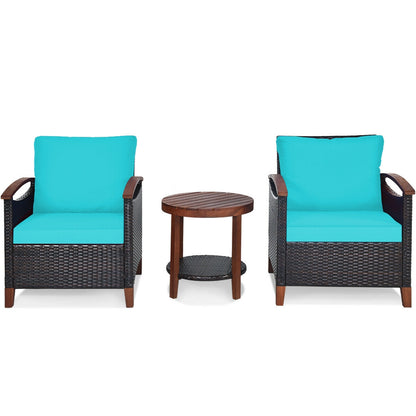 3 Pieces Patio Rattan Furniture Set with Washable Cushion and Acacia Wood Tabletop-Red - Turquoise