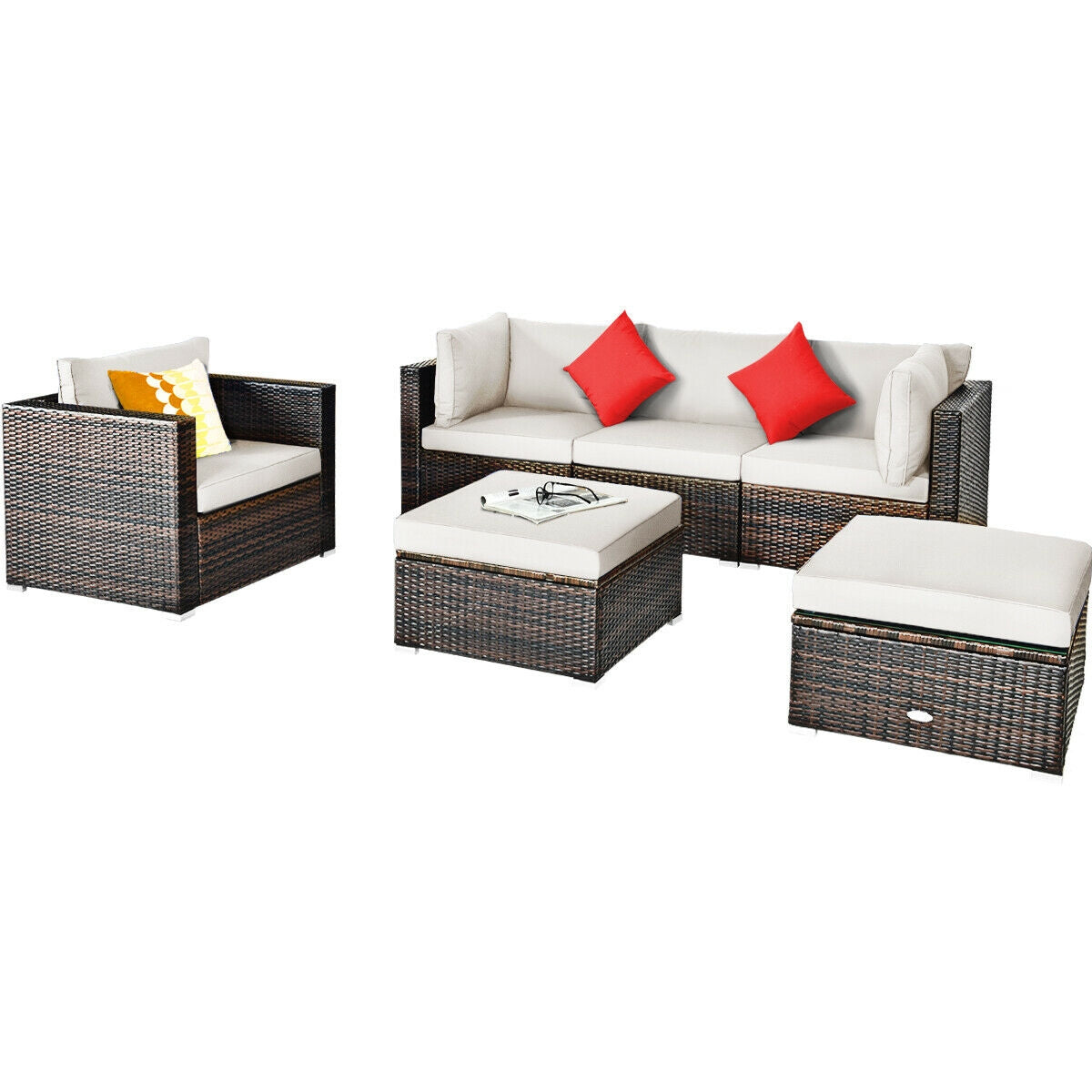 6 Pcs Patio Rattan Furniture Set with Sectional Cushion-Turquoise - White