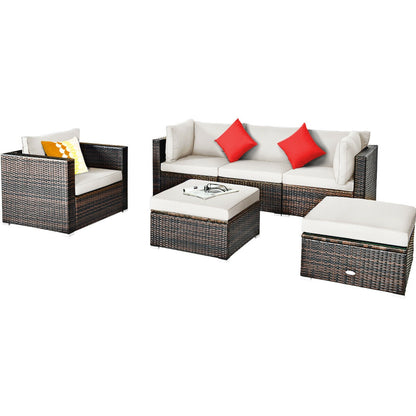 6 Pcs Patio Rattan Furniture Set with Sectional Cushion-Turquoise - White