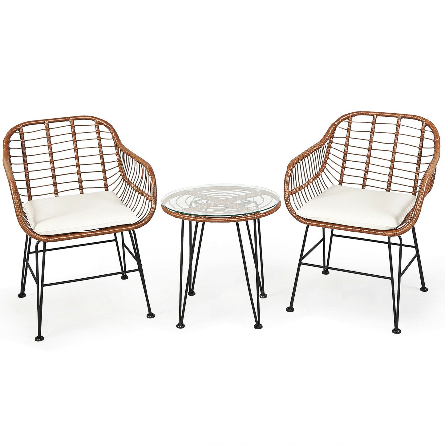 3-Piece Rattan Bistro Set with Cushions and Glass Table