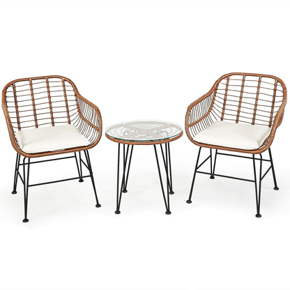 3-Piece Rattan Bistro Set with Cushions and Glass Table