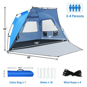 3-4 Person Easy Pop Up Beach Tent UPF 50+ Portable Sun Shelter
