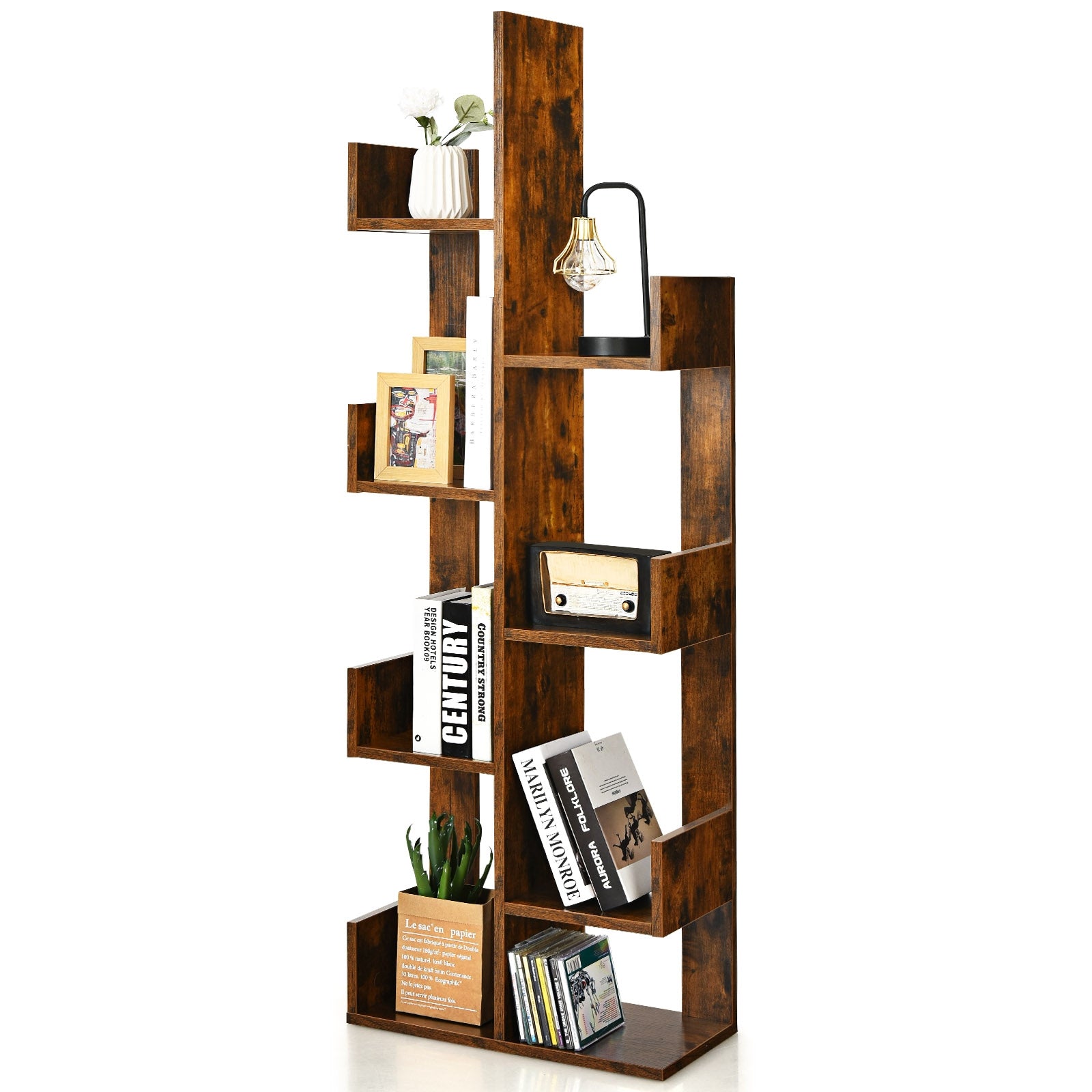 8-Tier Bookshelf Bookcase with 8 Open Compartments Space-Saving Storage Rack -Black - Coffee