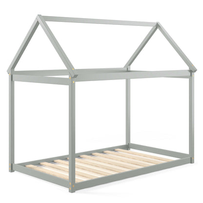 Stable Kids Platform Floor Bed with Roof ang Heavy-Duty Slats-White - Gray