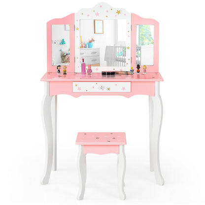 Kids Princess Vanity Table and Stool Set with Tri-folding Mirror and Drawer
