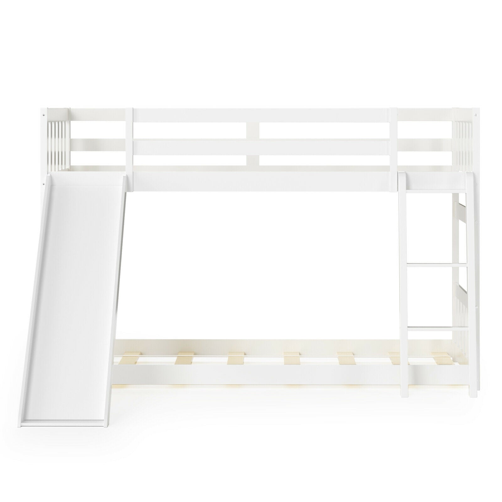 Twin over Twin Bunk Wooden Low Bed with Slide Ladder for Kids-White