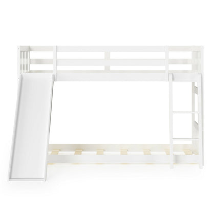 Twin over Twin Bunk Wooden Low Bed with Slide Ladder for Kids-White