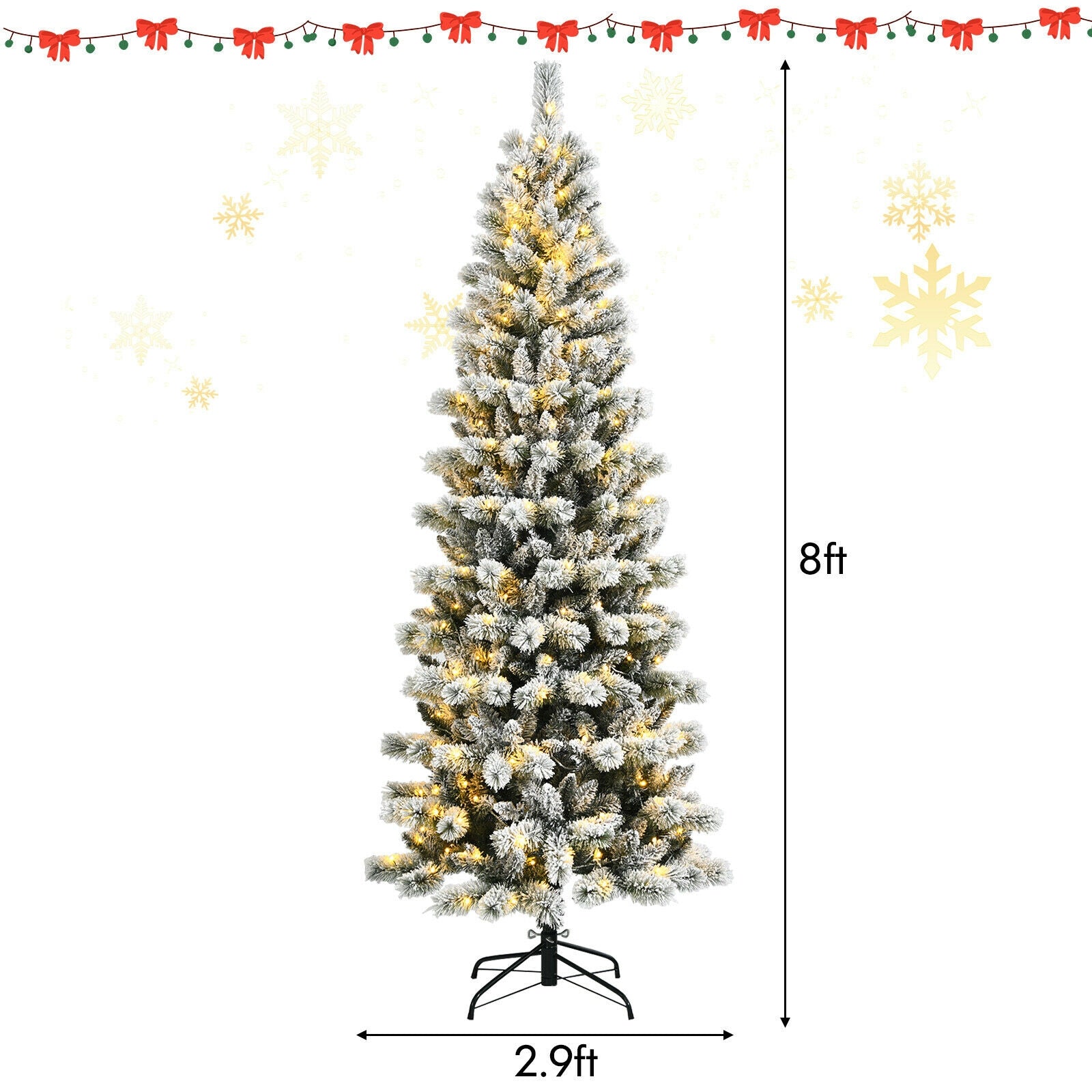 7.5 Feet Pre-Lit Hinged Christmas Tree Snow Flocked with 9 Modes Lights - Lit Hinged Snow Flocked Christmas Tree With Remote Control