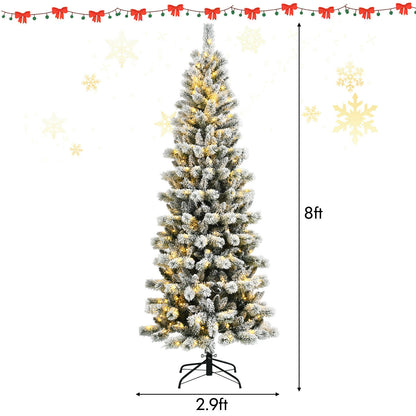 7.5 Feet Pre-Lit Hinged Christmas Tree Snow Flocked with 9 Modes Lights - Lit Hinged Snow Flocked Christmas Tree With Remote Control