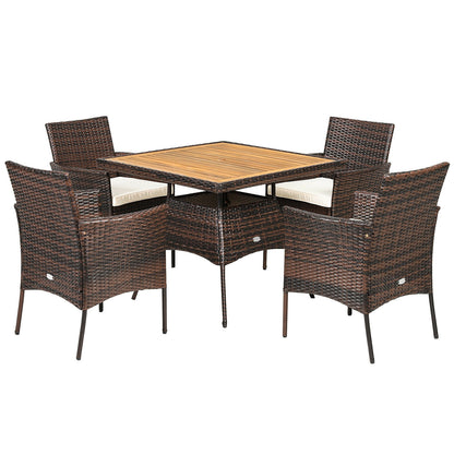 5 Pieces Patio Rattan Dining Furniture Set with Arm Chair and Wooden Table Top - Default