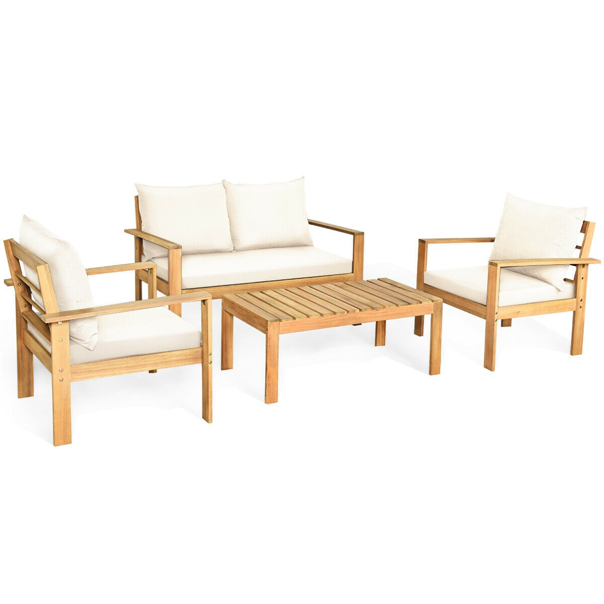 Outdoor 4 Pieces Acacia Wood Chat Set with Water Resistant Cushions-Gray - White