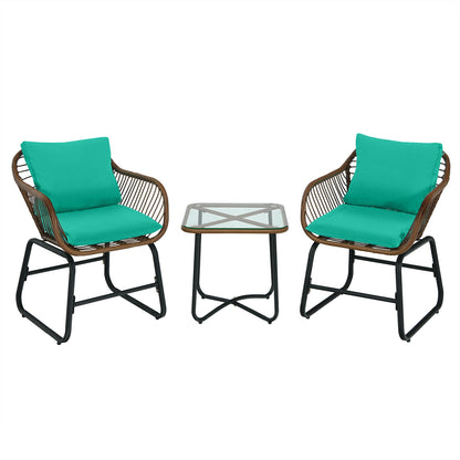 3 Pieces Patio Rattan Bistro Set Cushioned Chair Glass Table Deck-Turquoise - Turquoise