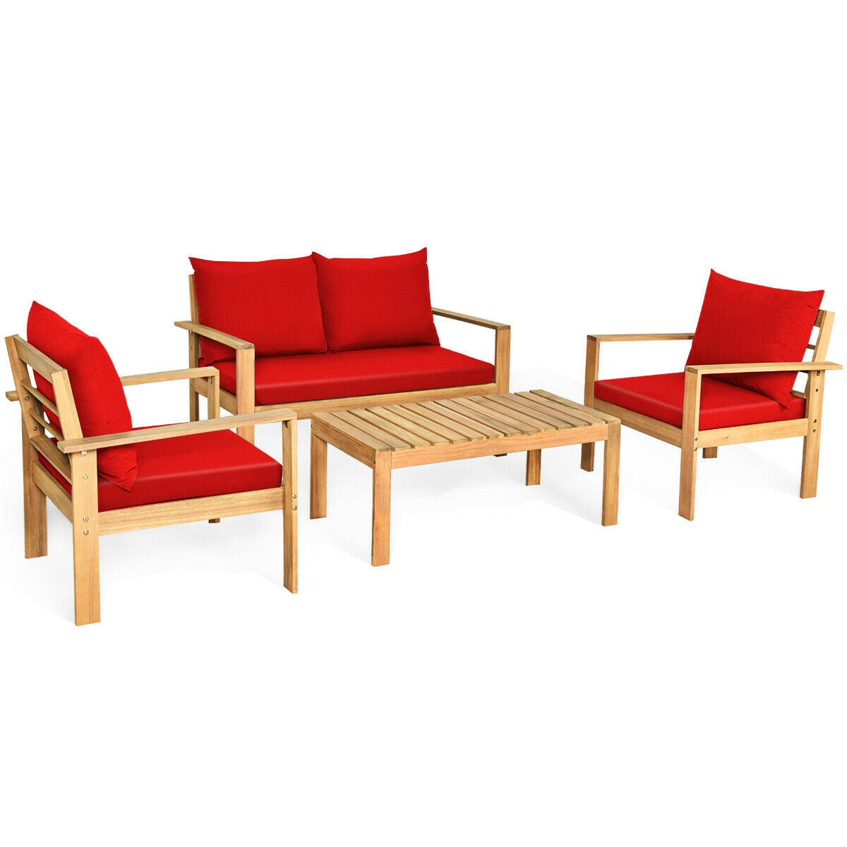 Outdoor 4 Pieces Acacia Wood Chat Set with Water Resistant Cushions-Gray - Red