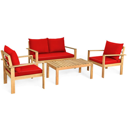 Outdoor 4 Pieces Acacia Wood Chat Set with Water Resistant Cushions-Gray - Red