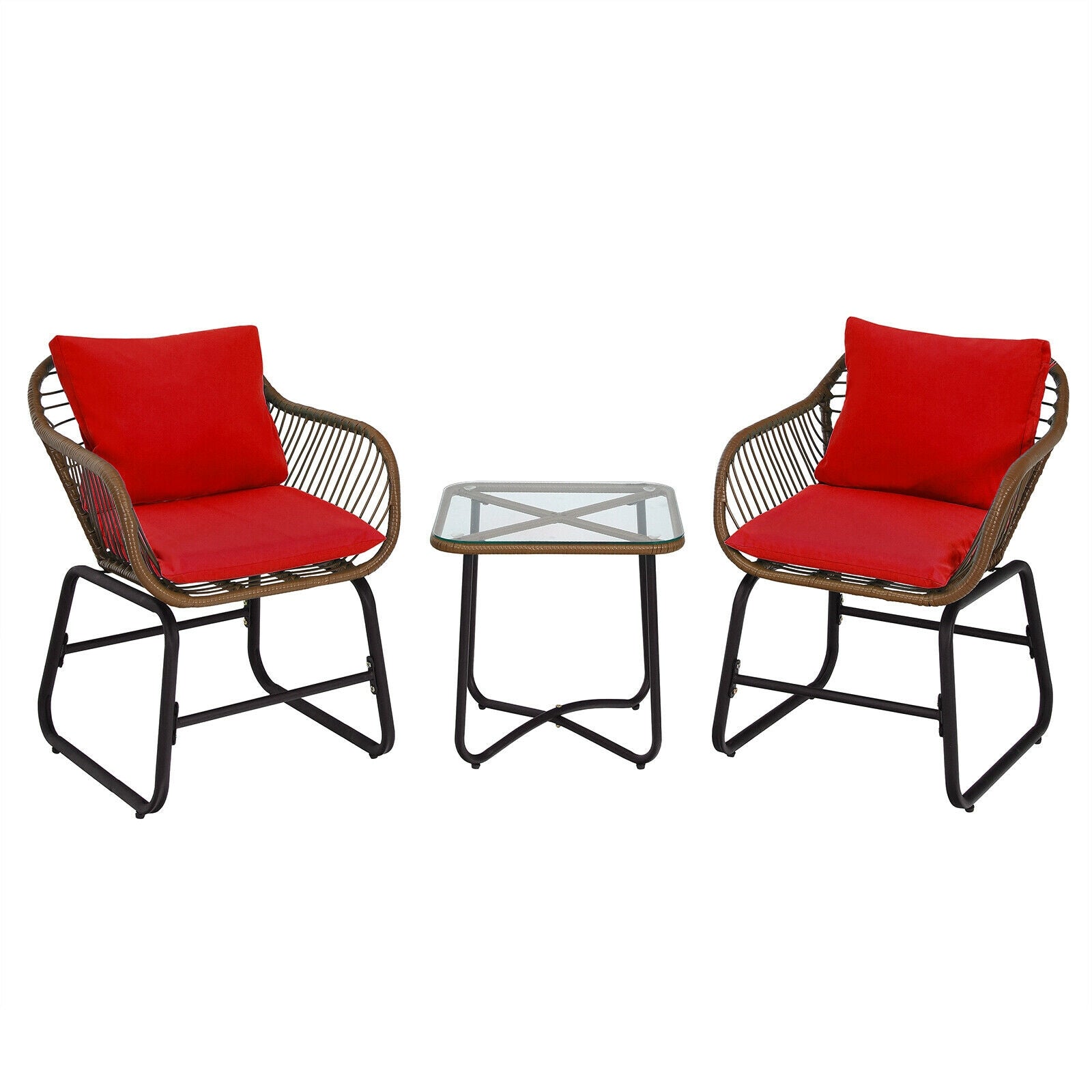 3 Pieces Patio Rattan Bistro Set Cushioned Chair Glass Table Deck-Turquoise - Red