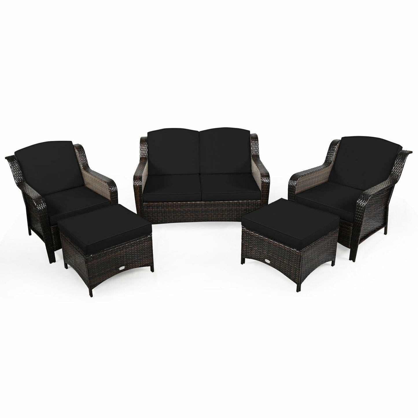 5 Pieces Patio Rattan Sofa Set with Cushion and Ottoman-Navy - Black