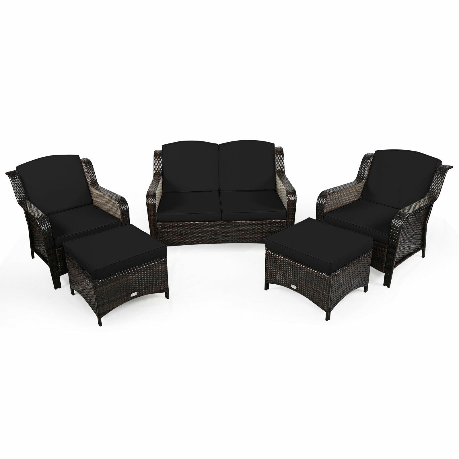 5 Pieces Patio Rattan Sofa Set with Cushion and Ottoman-Navy - Black
