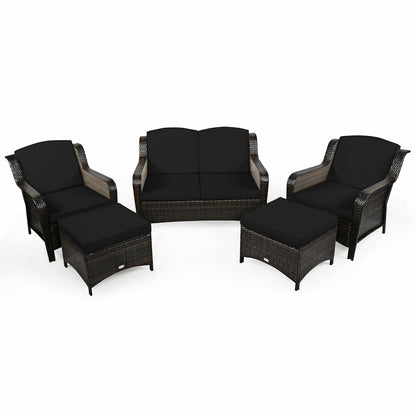 5 Pieces Patio Rattan Sofa Set with Cushion and Ottoman-Navy - Black
