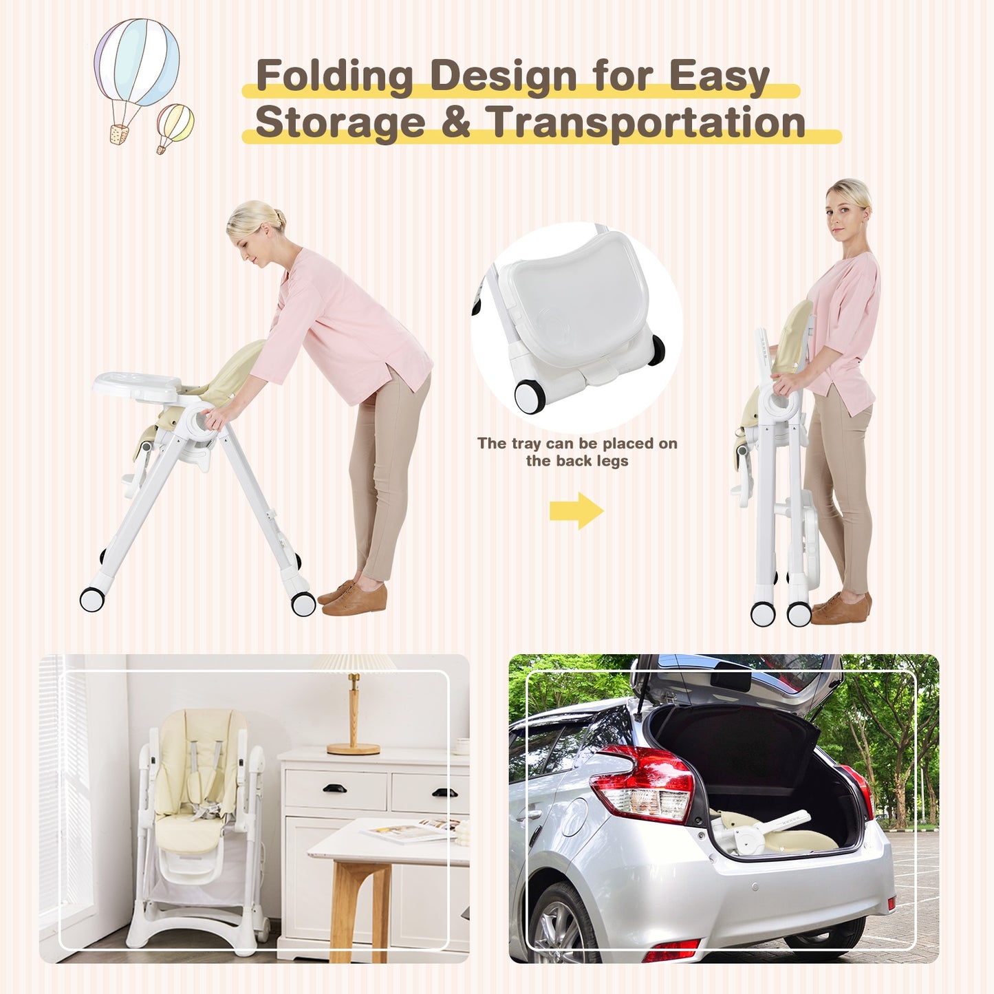 Baby Convertible Folding Adjustable High Chair with Wheel Tray Storage Basket