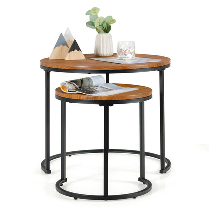 Set of 2 Modern Round Stacking Nesting Coffee Tables for Living Room-Light Brown