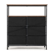 2-Tier Storage Chest with Wooden Top and 6 Fabric Drawers-Rustic Brown