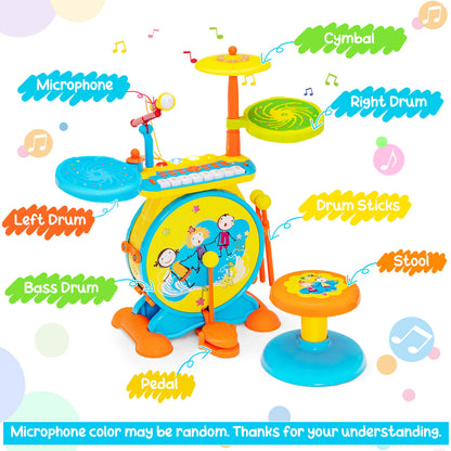 2-in-1 Kids Electronic Drum and Keyboard Set with Stool-Blue