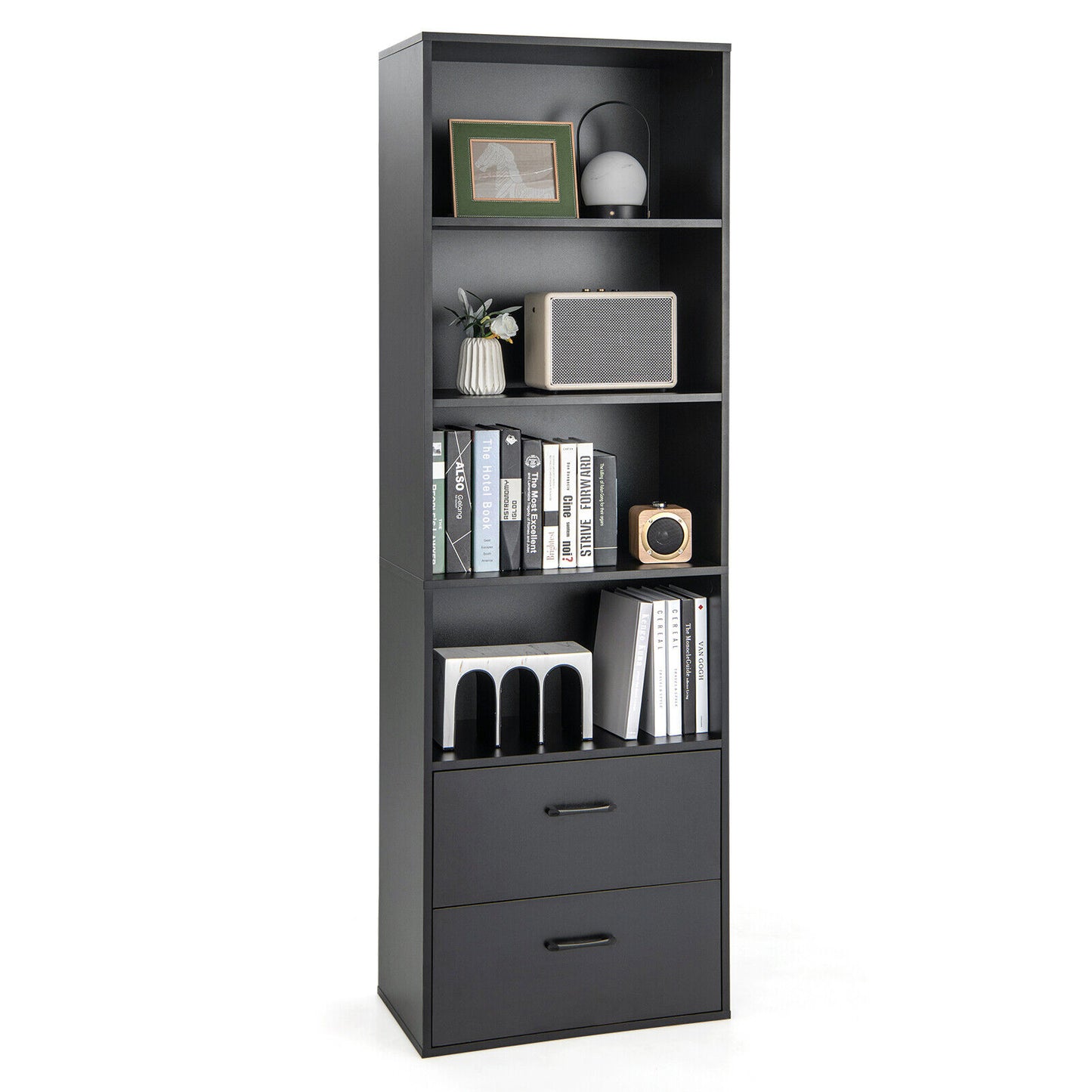 6-Tier Tall Freestanding Bookshelf with 4 Open Shelves and 2 Drawers-Black - Black
