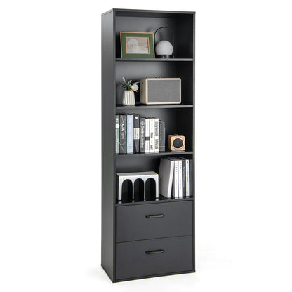6-Tier Tall Freestanding Bookshelf with 4 Open Shelves and 2 Drawers-Black - Black