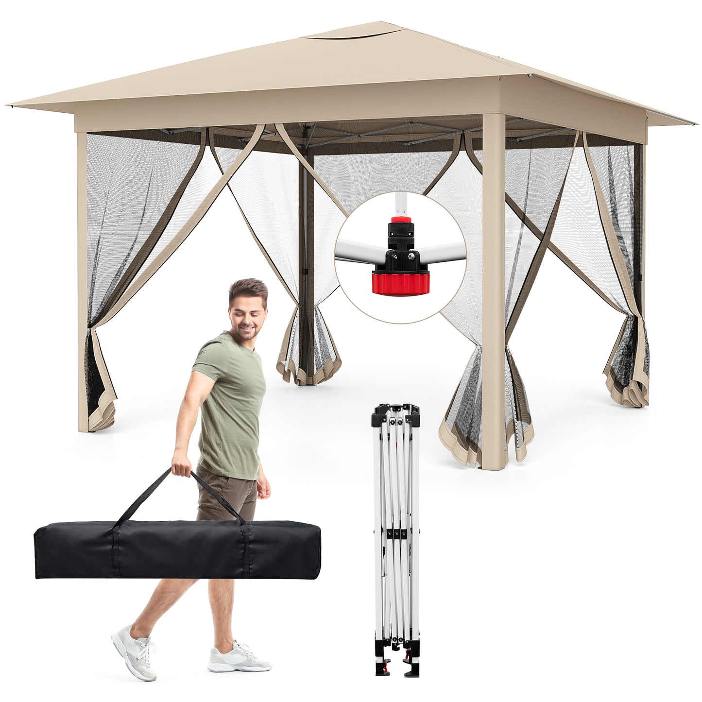 11.5 x 11.5 FT Pop-up Canopy Instant One-Person Setup with Mesh Screen Netting-Beige