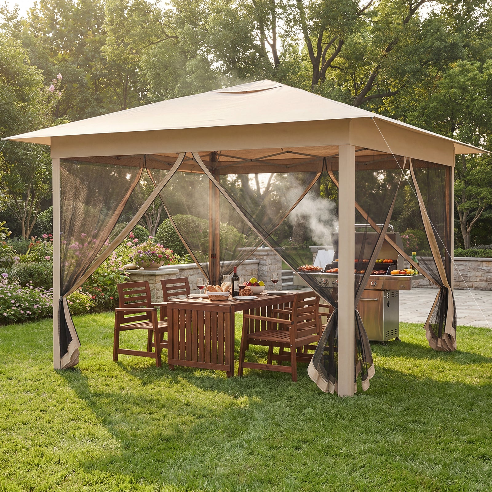 11.5 x 11.5 FT Pop-up Canopy Instant One-Person Setup with Mesh Screen Netting-Beige