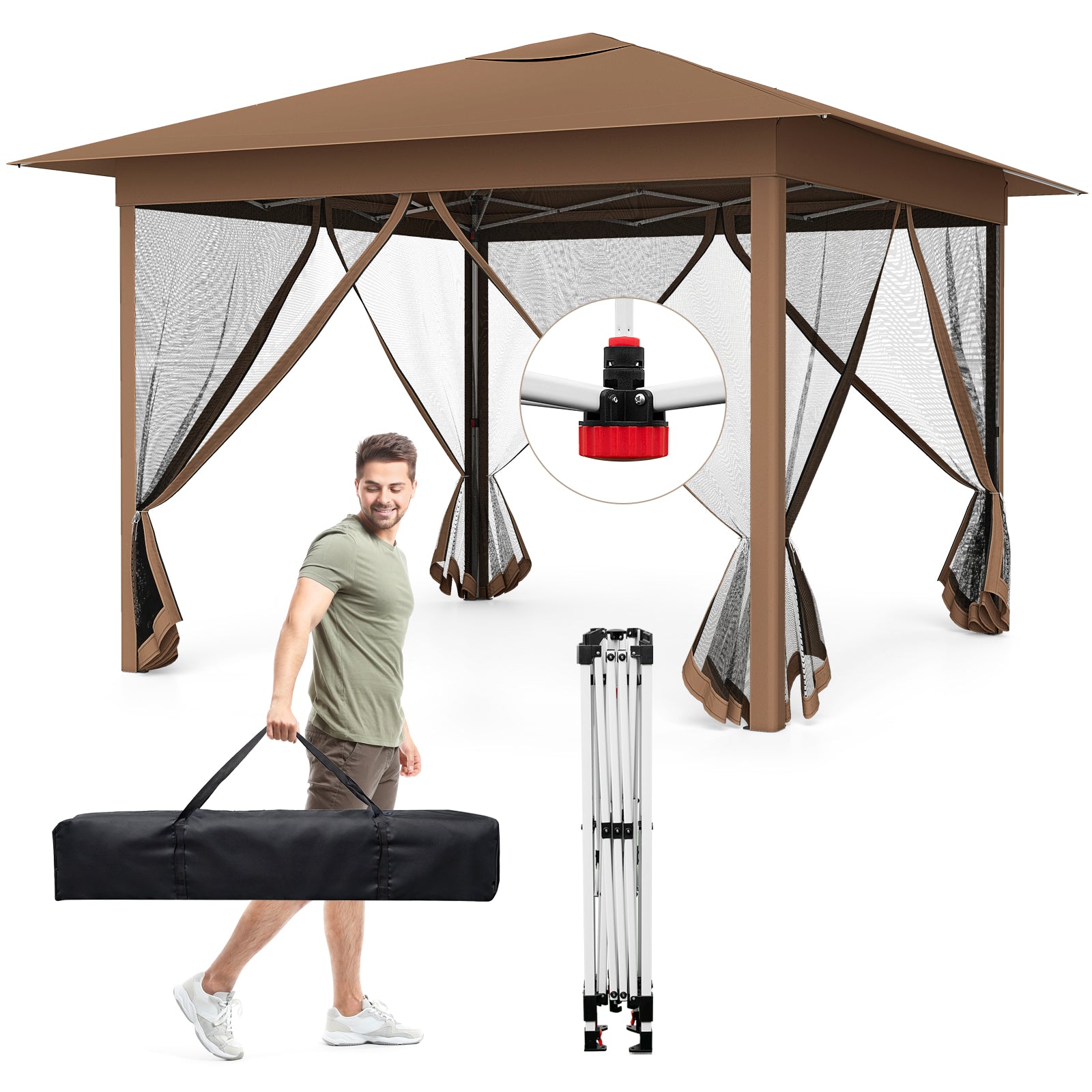 11.5 x 11.5 FT Pop-up Canopy Instant One-Person Setup with Mesh Screen Netting-Brown