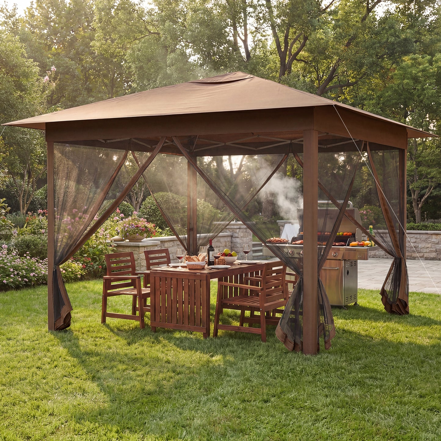 11.5 x 11.5 FT Pop-up Canopy Instant One-Person Setup with Mesh Screen Netting-Brown