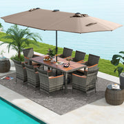 11 Pieces Patio Dining Set with 15 Feet Double-Sided Patio Umbrella Base Included-Tan