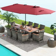11 Pieces Patio Dining Set with 15 Feet Double-Sided Patio Umbrella Base Included-Wine