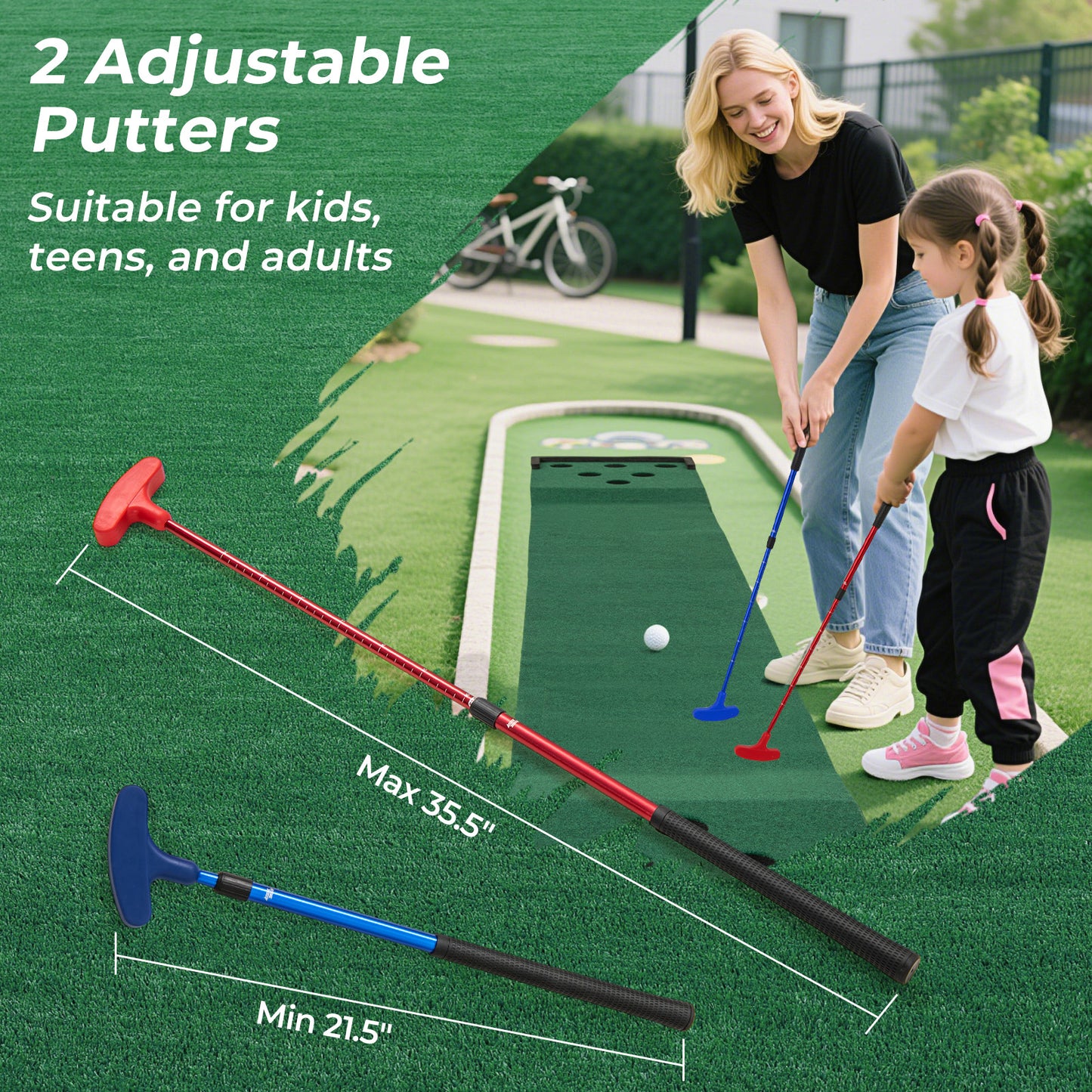 11 FT Indoor Outdoor Putting Green Mat with 2 Adjustable Putters and 6 Balls