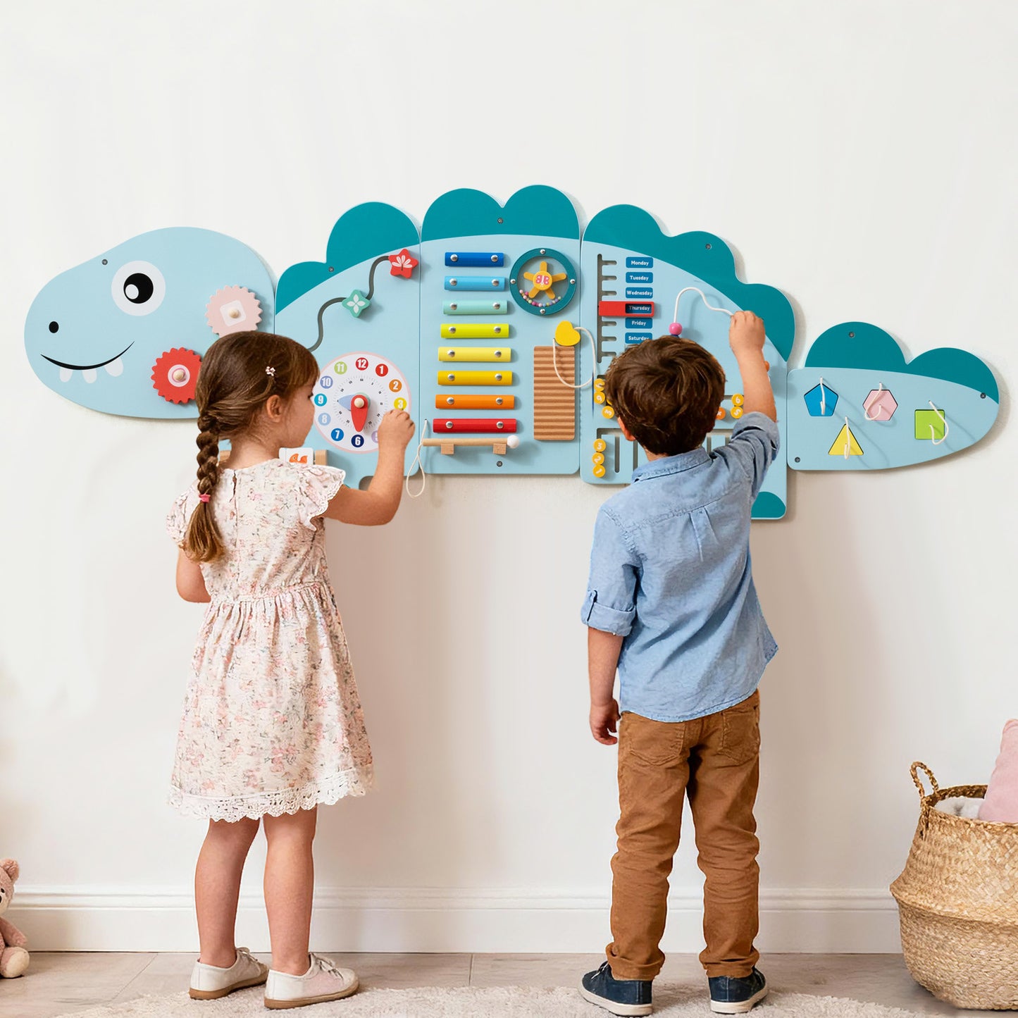 11-in-1 Dinosaur Activity Wall Busy Board Panels for Toddlers Education and Early Development-Blue