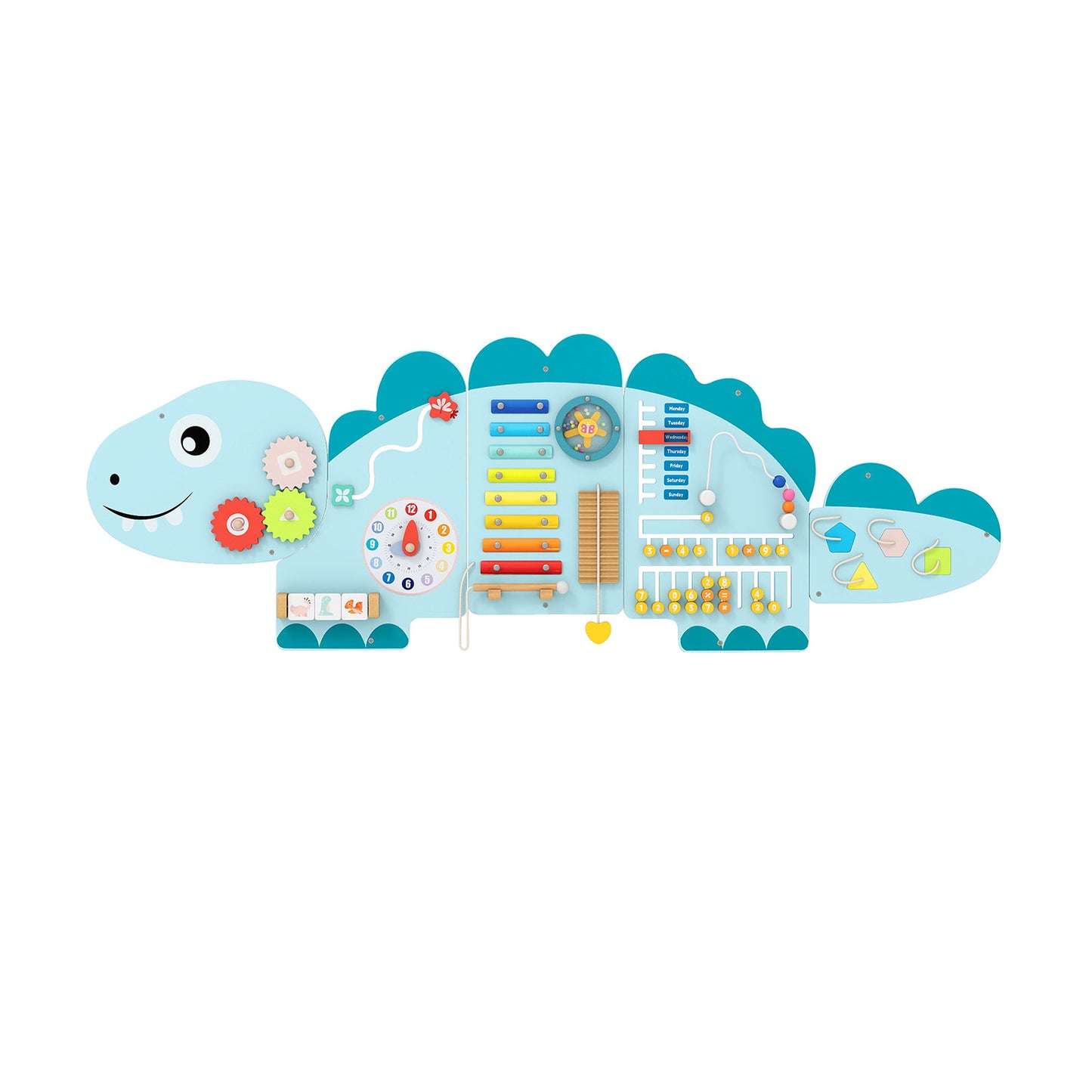 11-in-1 Dinosaur Activity Wall Busy Board Panels for Toddlers Education and Early Development-Blue