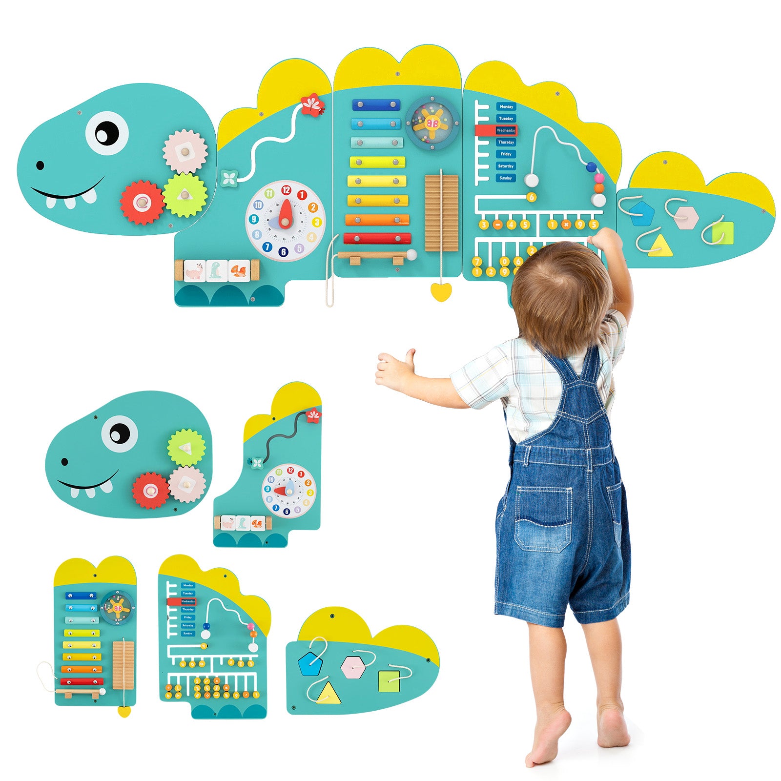 11-in-1 Dinosaur Activity Wall Busy Board Panels for Toddlers Education and Early Development-Green
