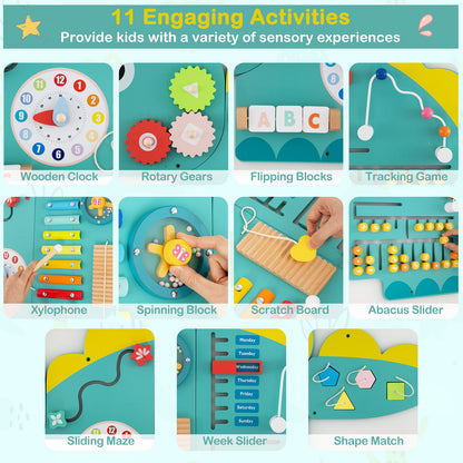 11-in-1 Dinosaur Activity Wall Busy Board Panels for Toddlers Education and Early Development-Green