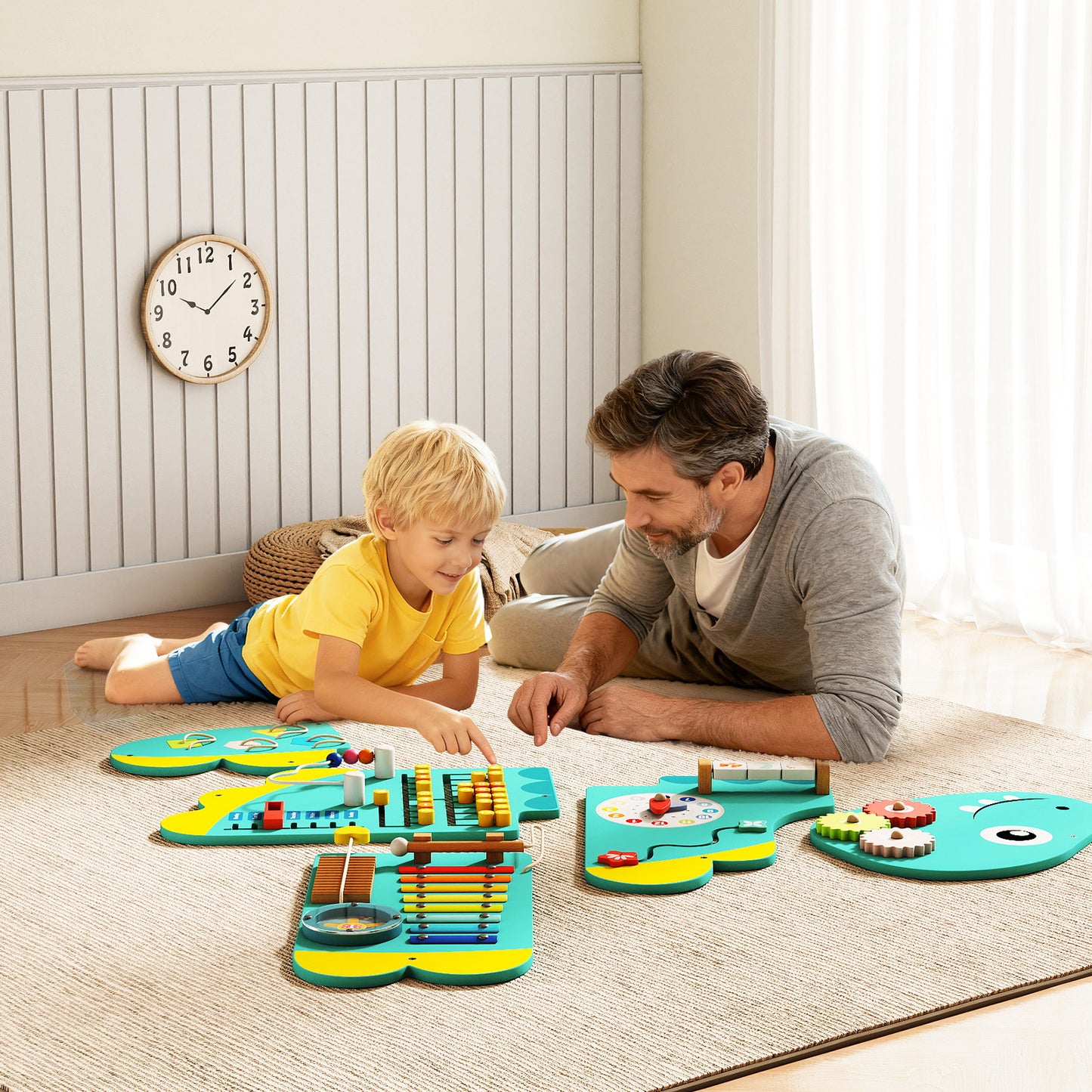 11-in-1 Dinosaur Activity Wall Busy Board Panels for Toddlers Education and Early Development-Green