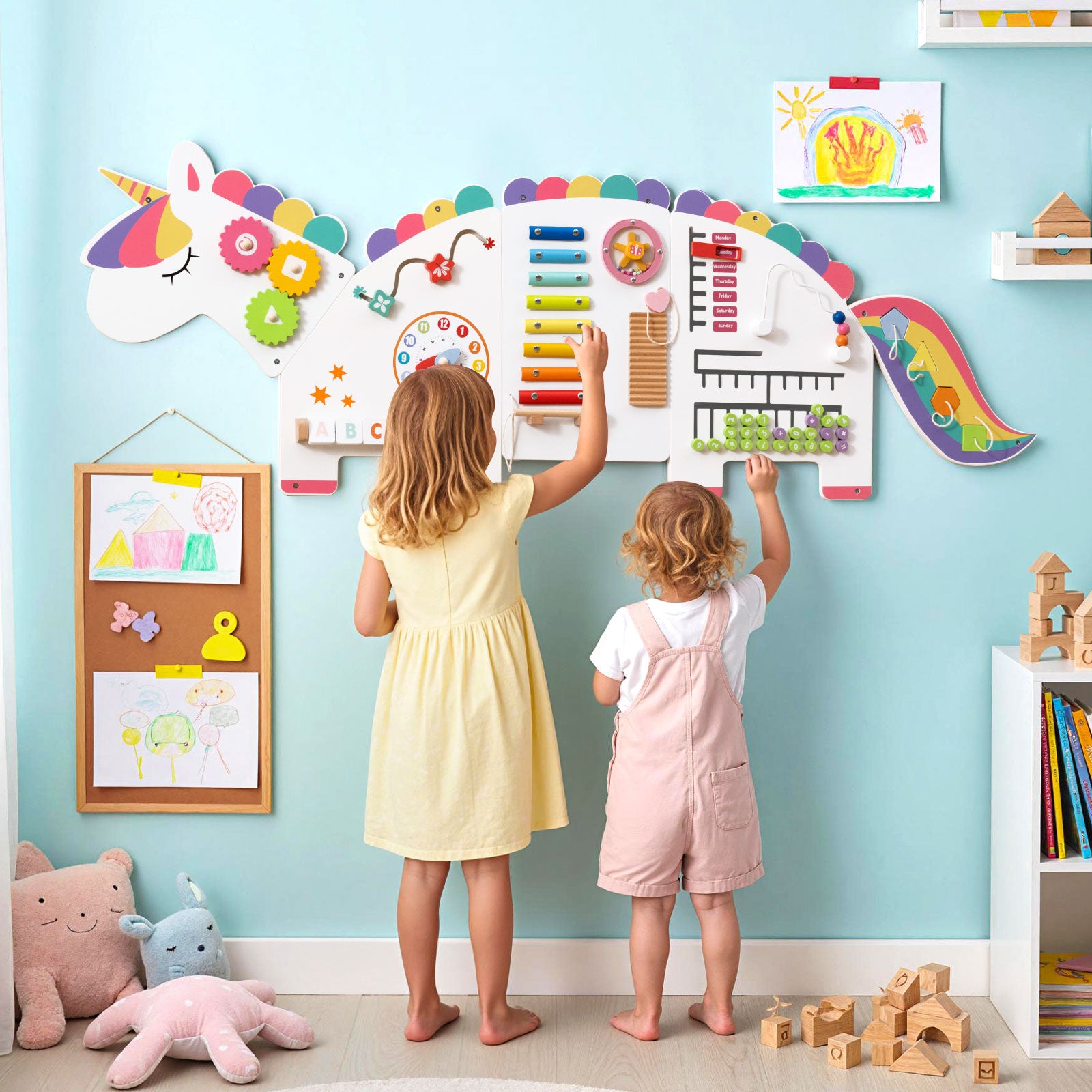 11-in-1 Dinosaur Activity Wall Busy Board Panels for Toddlers Education and Early Development-White
