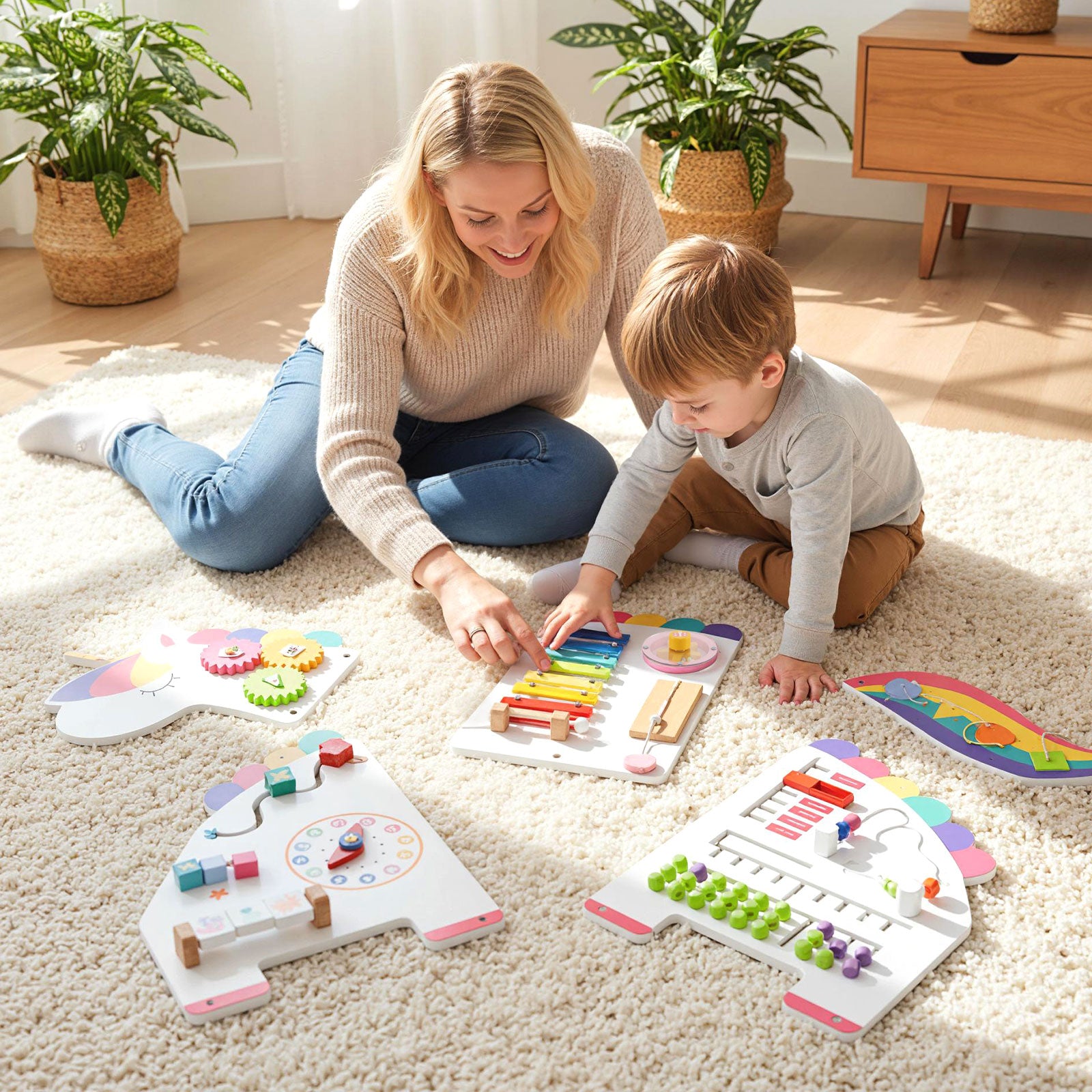 11-in-1 Dinosaur Activity Wall Busy Board Panels for Toddlers Education and Early Development-White