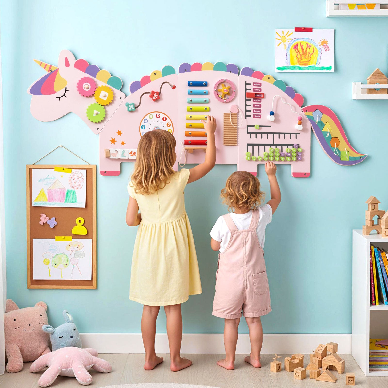 11-in-1 Dinosaur Activity Wall Busy Board Panels for Toddlers Education and Early Development-Pink