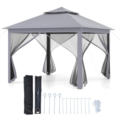 11 x 11 Feet 2-Tier Pop-Up Gazebo Tent Portable Canopy Shelter Carry Bag Mesh-Gray